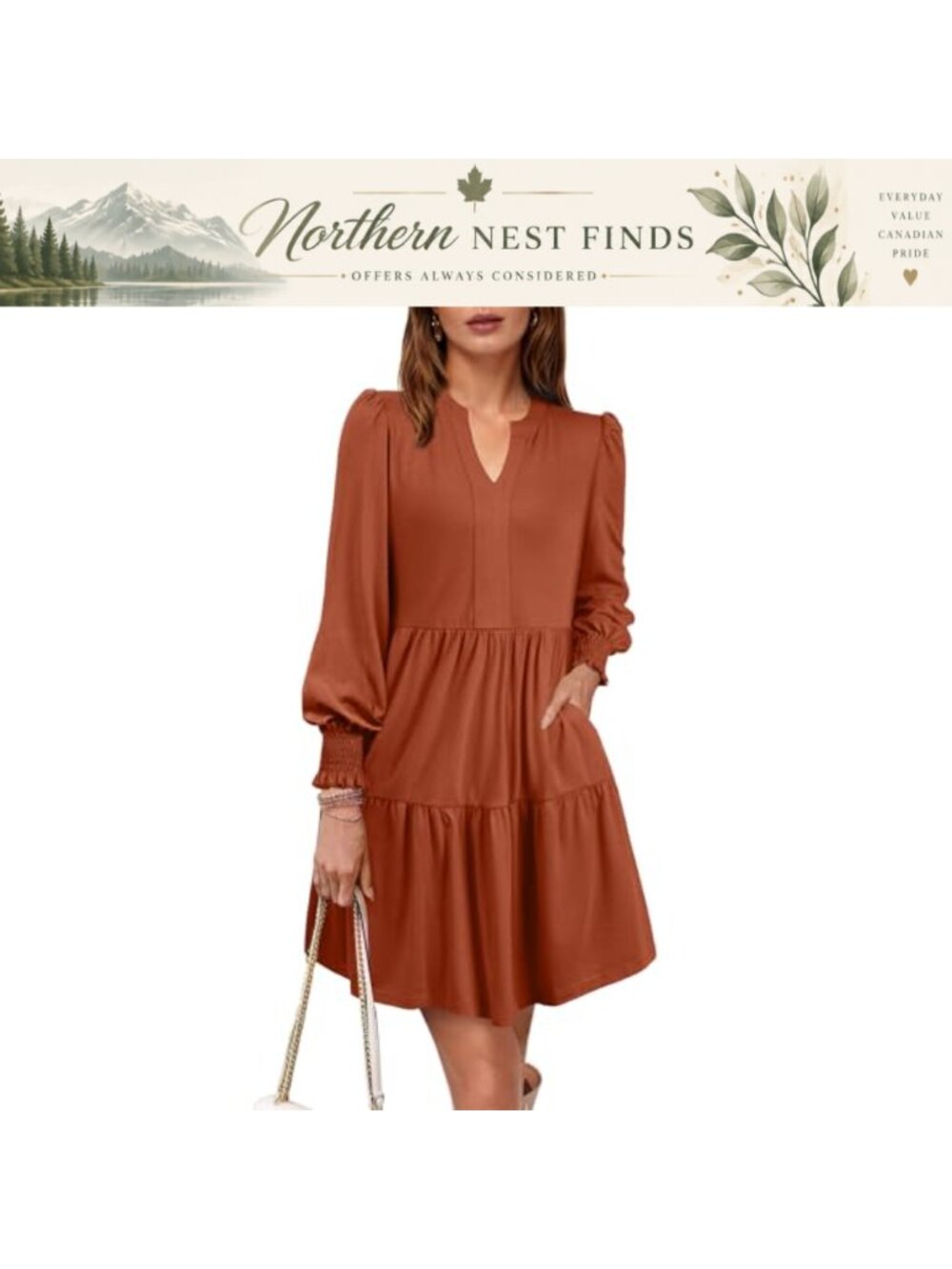 Women's V Neck Long Sleeve A Line Midi Dress Ruffle Flowy with Pockets